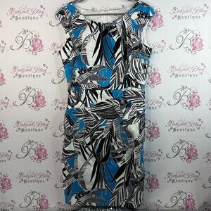 Cleo dress tropical line work flowers, Blue and Black Leaf Pattern Midi Dress